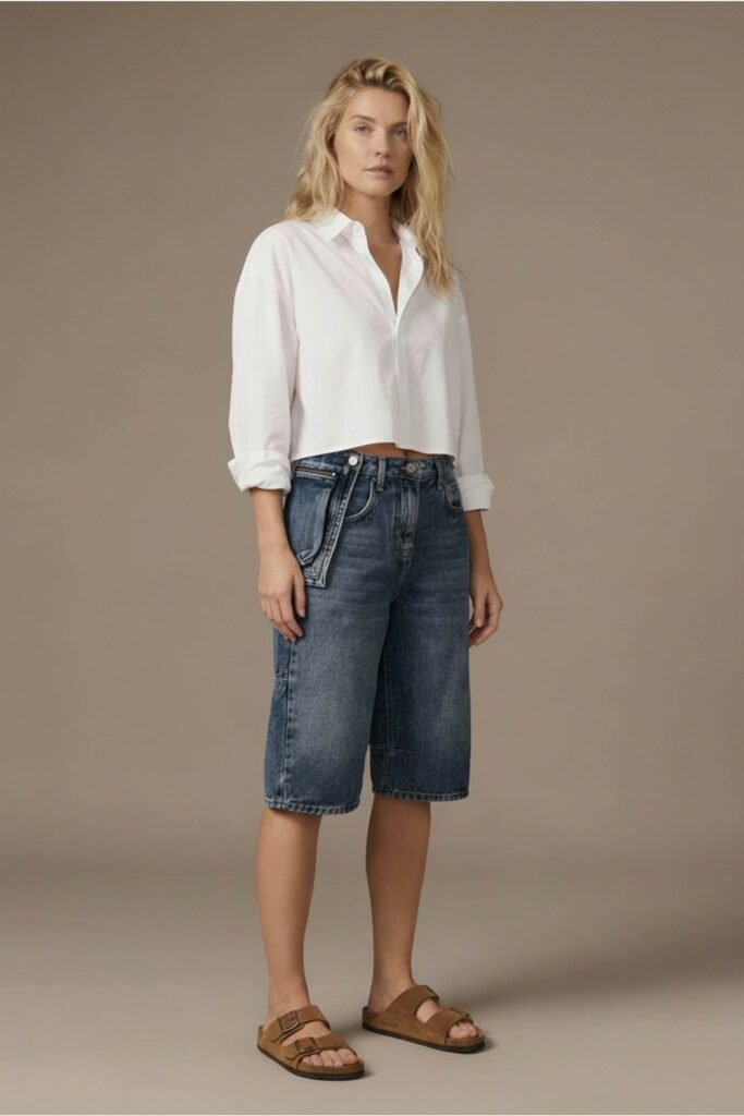 White Cropped Button-Down Shirt + Dark Denim Long Shorts + Brown Suede Sandals