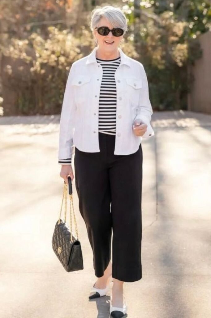 White Denim Jacket + Black and White Striped Top + Black Wide Leg Cropped Pants + Black and White Cap Toe Flats
