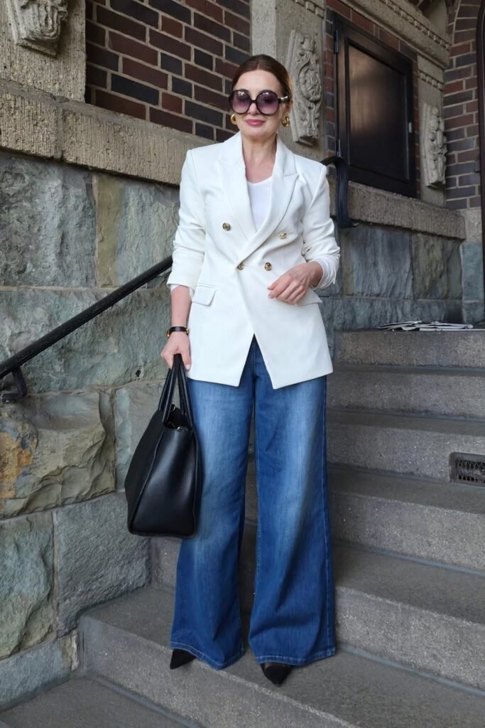 White Double Breasted Blazer + White T Shirt + Blue Wide Leg Jeans + Black Heels