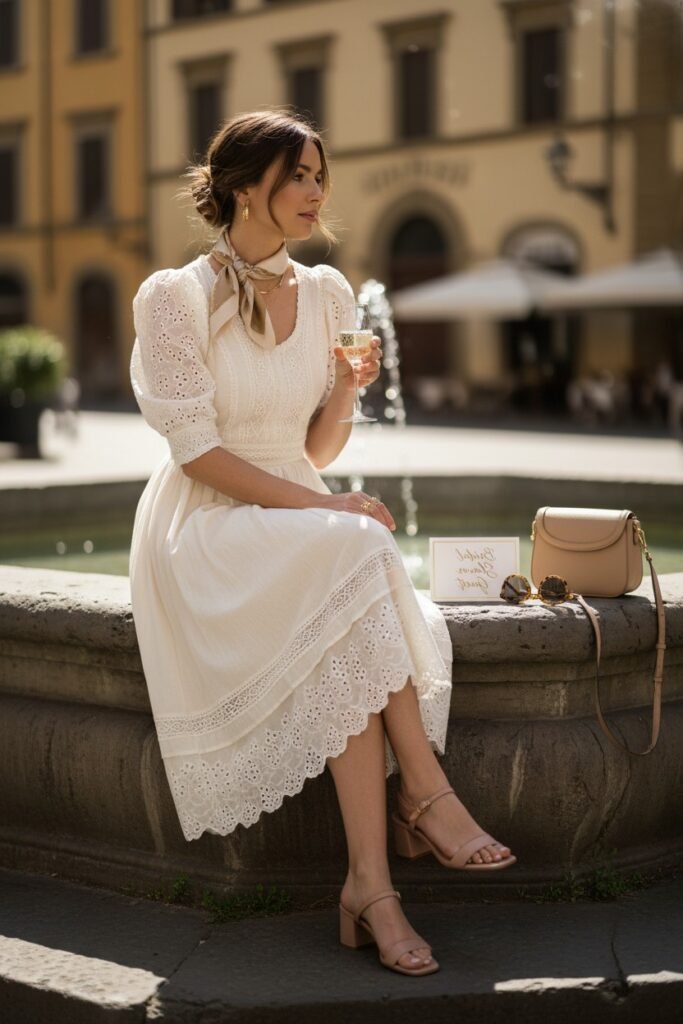 White Eyelet Midi Dress + Beige Block Heel Sandals