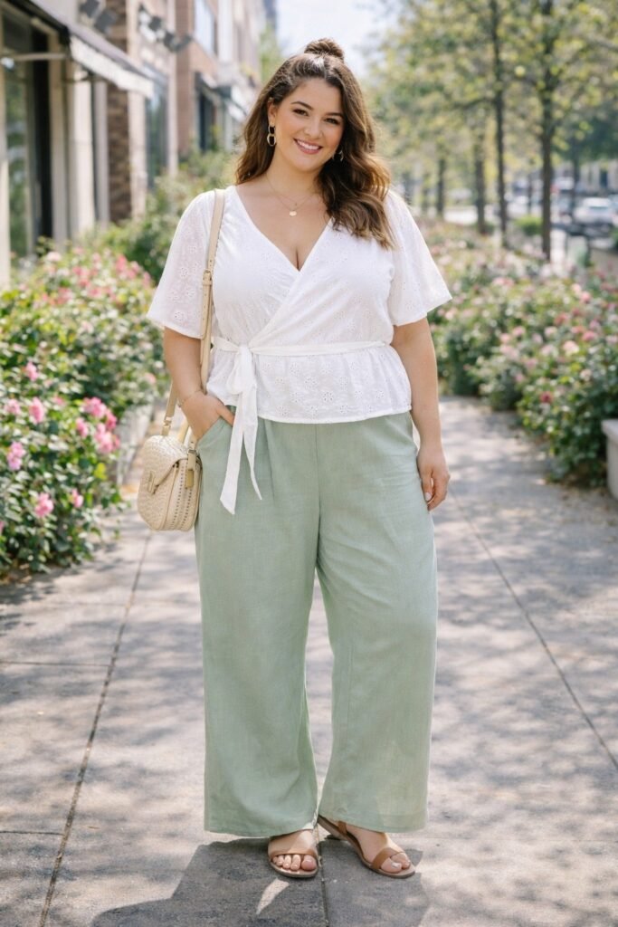 White Eyelet Wrap Blouse + Sage Green Wide Leg Linen Pants + Tan Flat Sandals
