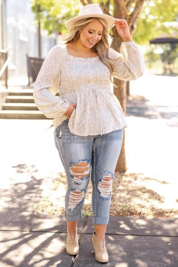 White Floral Smoked Peplum Blouse + Ripped Light Wash Cropped Jeans + Beige V Cut Ankle Boots + Beige Fedora Hat