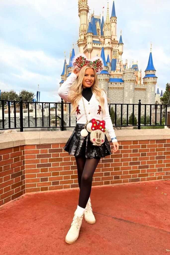 White Gingerbread Cardigan + Black Sequin Skater Skirt + Black Tights + Cream Combat Boots