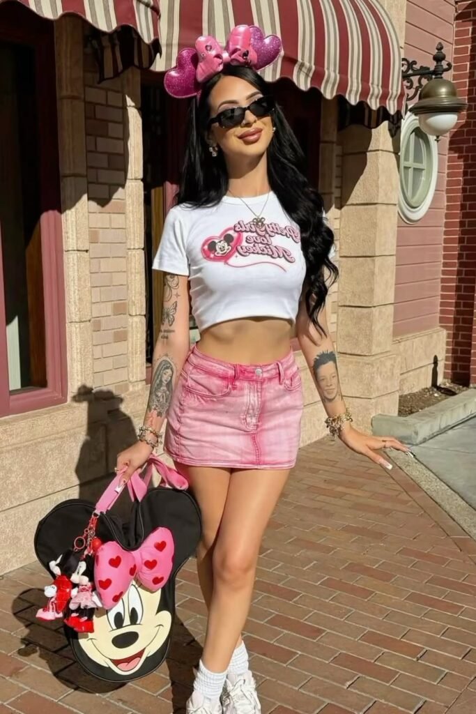 White Graphic Crop Top + Pink Denim Mini Skirt + White Sneakers