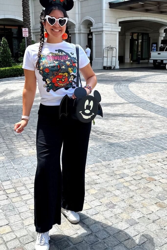 White Graphic Halloween T Shirt + Black Wide Leg Pants + White Sneakers