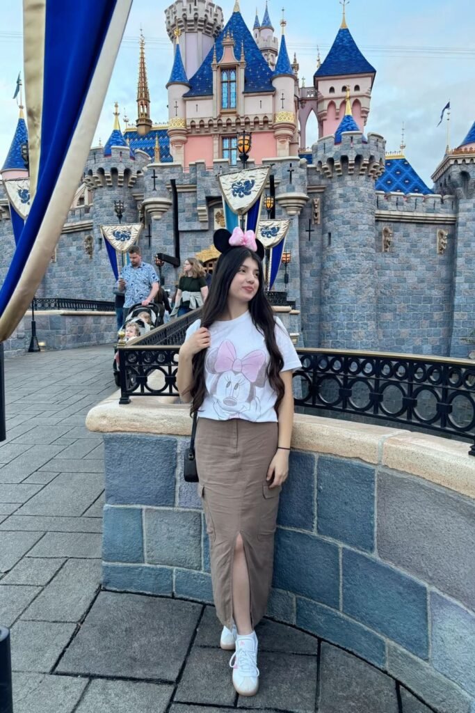White Graphic Minnie Mouse T Shirt + Brown Cargo Maxi Skirt + Pink Minnie Mouse Ears + White Sneakers