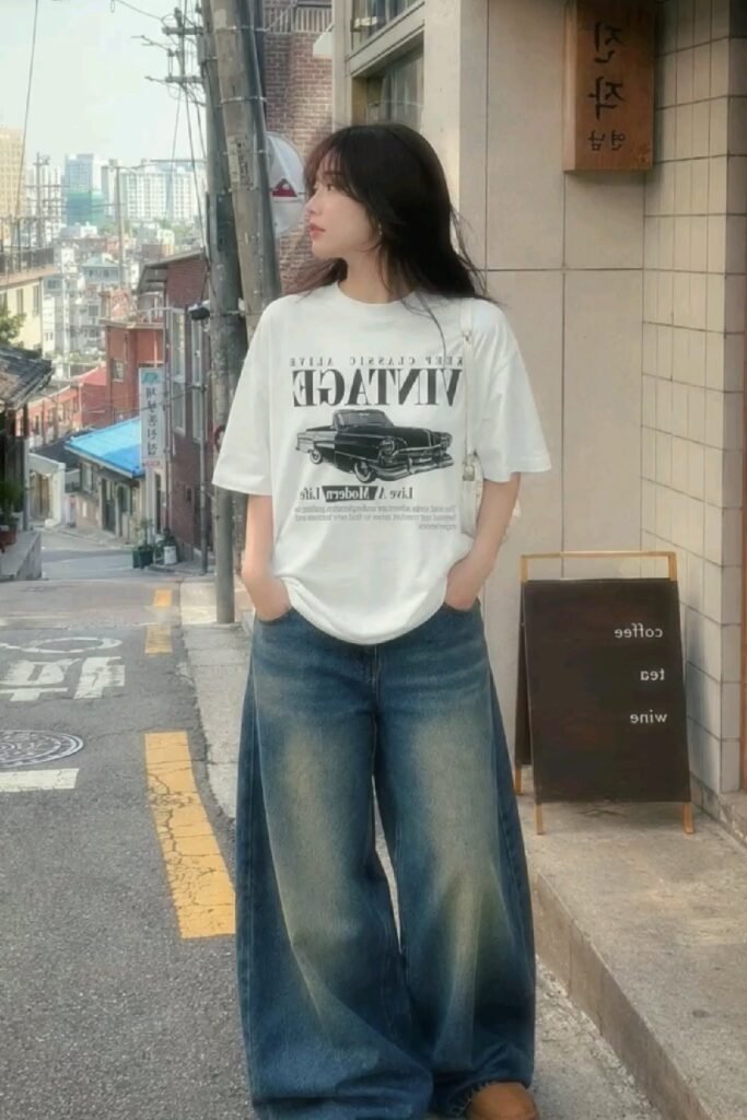 White Graphic Oversized T Shirt + Wide Leg Distressed Jeans + Brown Shoes