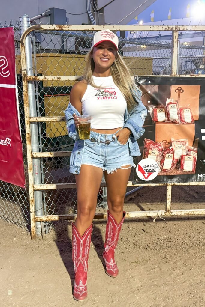 White Graphic Tank Top + Denim Jean Shorts + Red Cowboy Boots