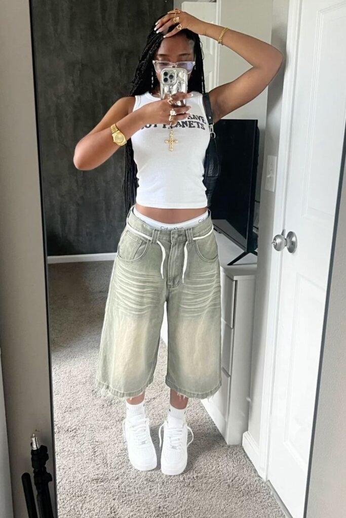 White Graphic Tank Top + Sage Green Baggy Shorts + White Sneakers