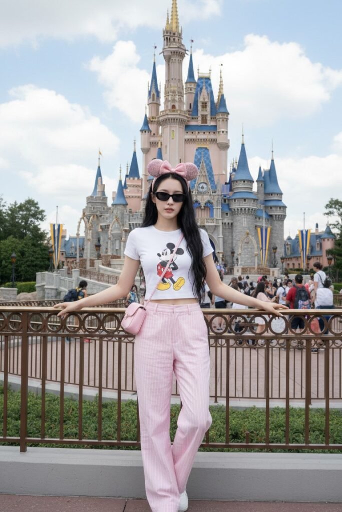 White Graphic Tee + Pink Striped Trousers + White Sneakers