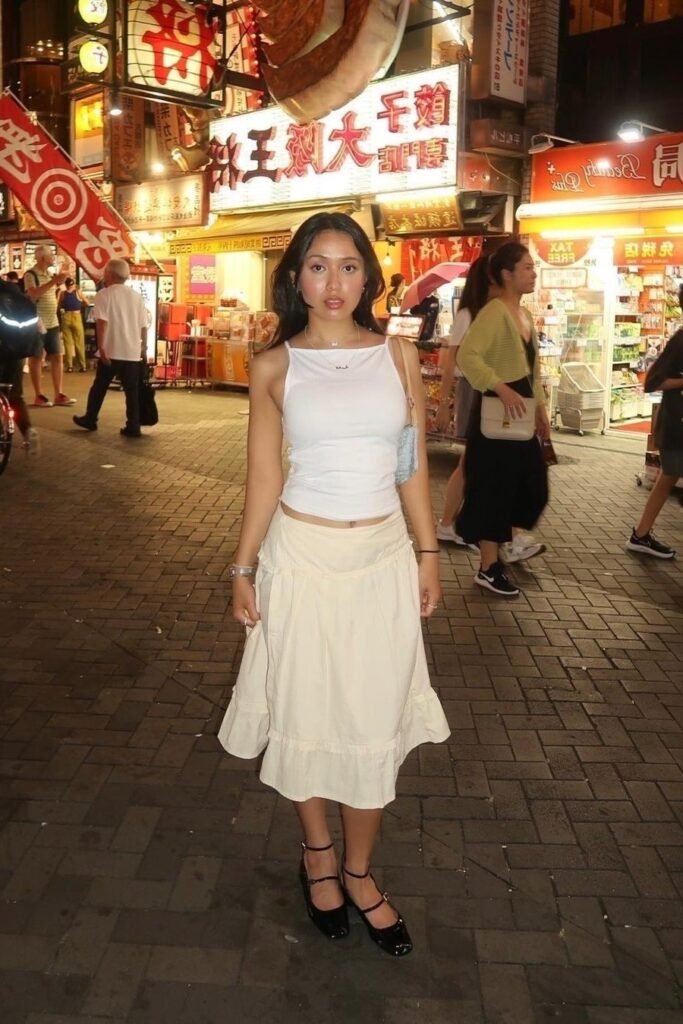White Halter Top + Cream Ruffled Midi Skirt + Black Mary Jane Shoes