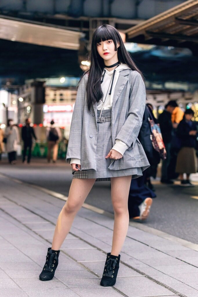 White Hoodie Under Grey Plaid Blazer + Matching Grey Plaid Mini Skirt + Black Lace Up Booties