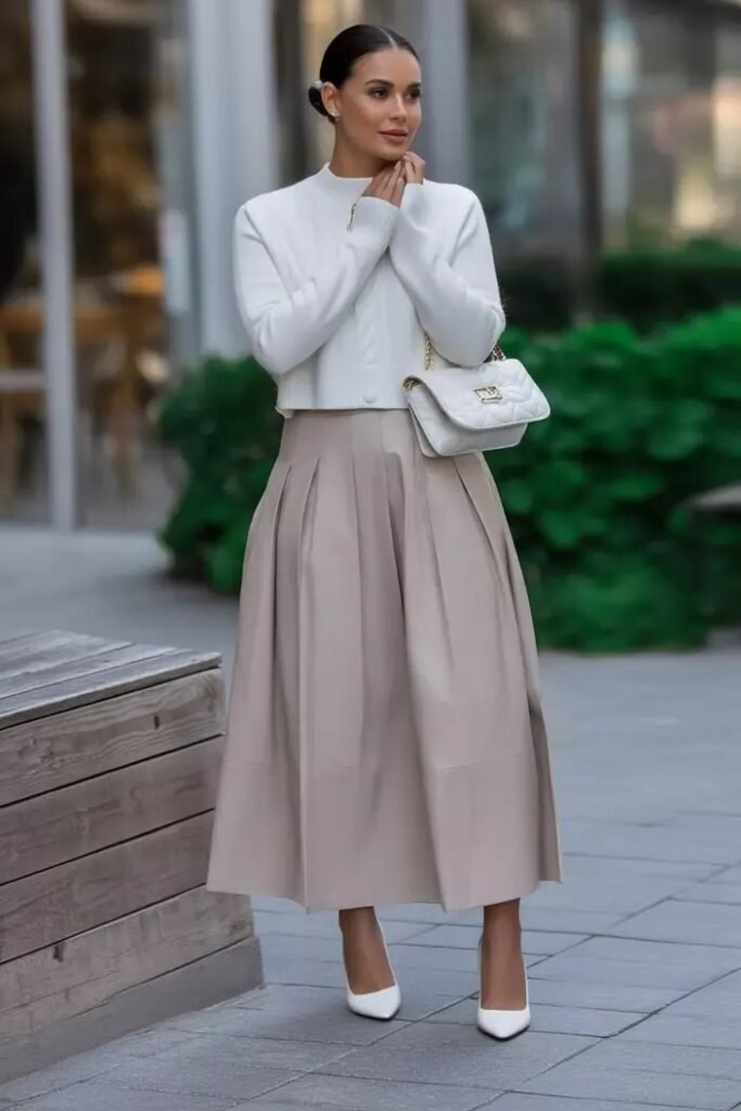 White Knit Sweater + Beige Midi Skirt + White Handbag