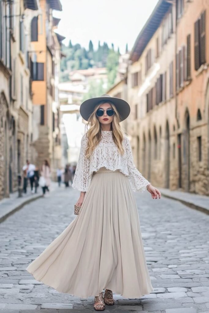 White Lace Blouse + Beige Pleated Maxi Skirt + Patterned Sandals