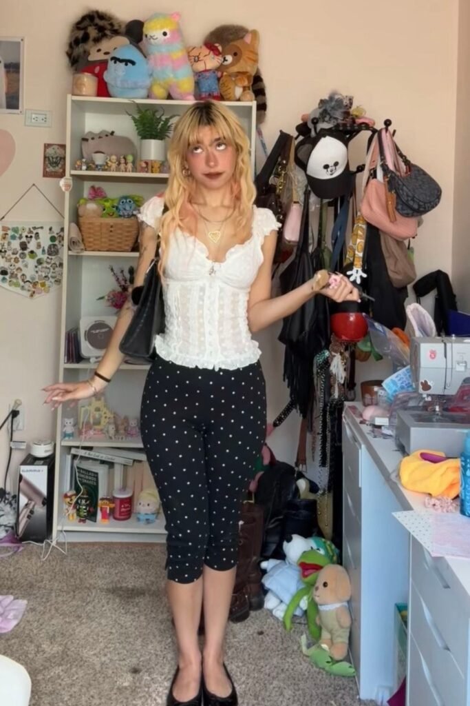 White Lace Bustier Top + Black Polka Dot Capri Pants + Black Shoulder Bag + Black Ballet Flats