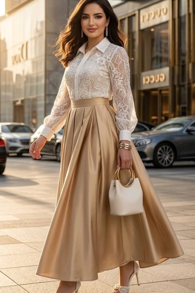 White Lace Long Sleeve Blouse + Gold Satin Maxi Skirt + White Heels