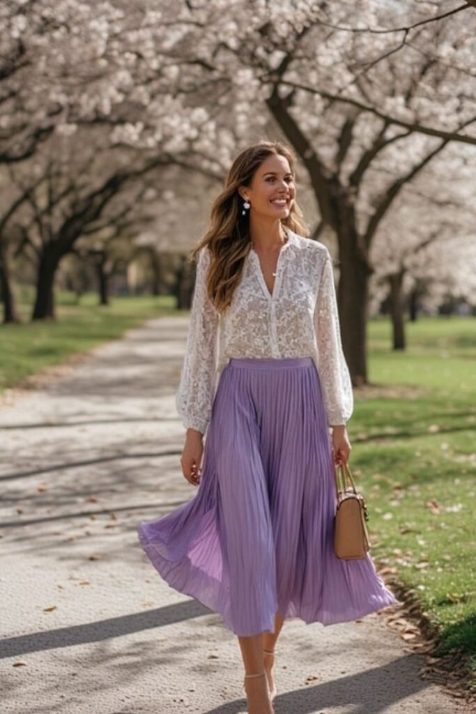 White Lace Long Sleeve Blouse + Lavender Pleated Midi Skirt + Nude Heels