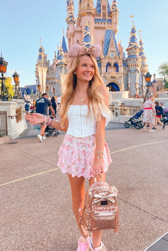 White Lace Off The Shoulder Corset Top + Pink Floral Ruffle Mini Skirt + Pink Sneakers + Rose Gold Sequined Backpack