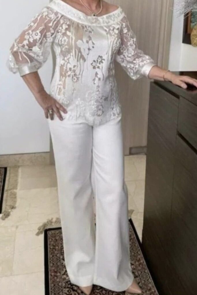 White Lace Off-the-Shoulder Blouse + White High-Waisted Wide-Leg Pants + Nude Pumps