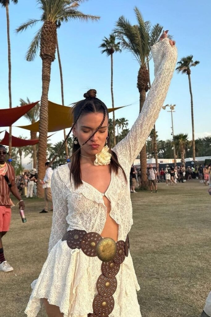 White Lace Ruffled Top + Tiered Lace Skirt + Oversized Medallion Belt