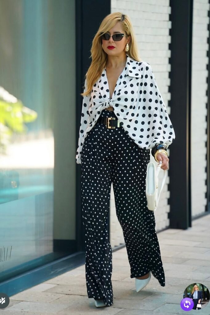 White Large Polka Dot Blouse + Black Small Polka Dot Wide Leg Pants + White Pointed Toe Heels