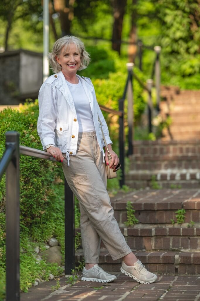 White Lightweight Utility Jacket + White T Shirt + Beige Cargo Pants + Beige Running Sneakers