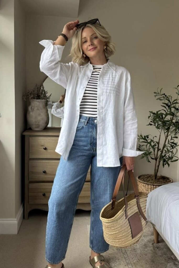 White Linen Cover-up + Striped Crewneck Tee + Straight Leg Jeans