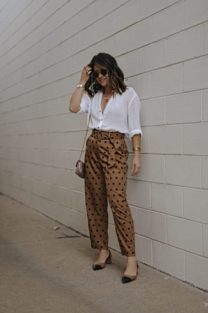 White Linen Shirt + Brown Polka Dot Tapered Pants + Two Tone Pointed Toe Heels + Beige Chain Bag