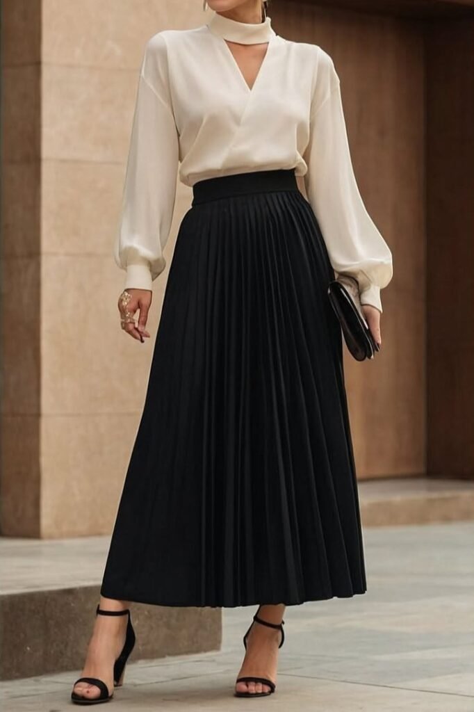 White Long Sleeve Blouse + Black Pleated Midi Skirt + Black Strappy Heels