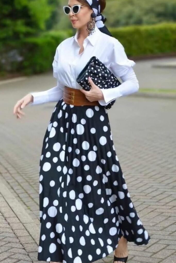 White Long Sleeve Button Down Shirt + Mixed Polka Dot Maxi Skirt + Black Shield Sunglasses