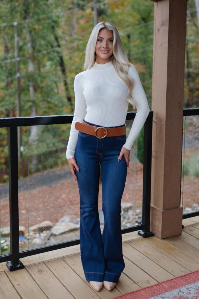 White Long Sleeve Mock Neck Top + Dark Wash Flared Jeans