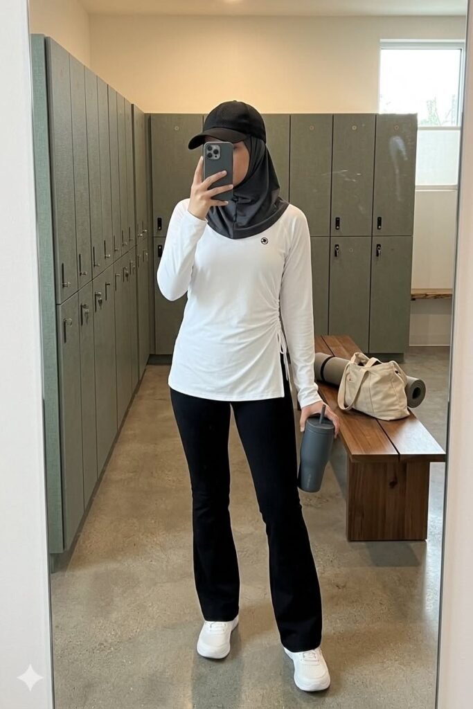 White Long Sleeve Shirt + Black Leggings + White Sneakers