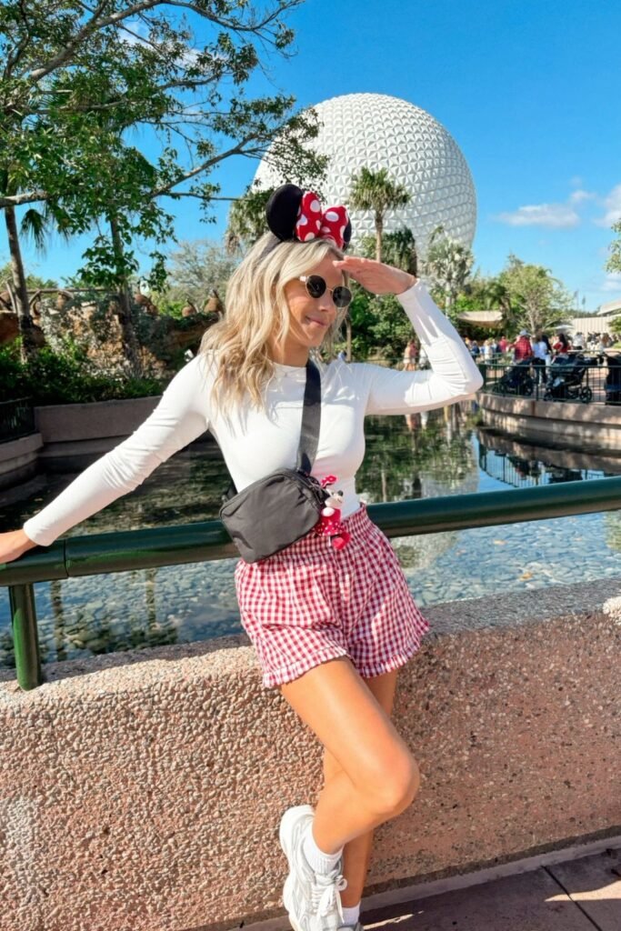 White Long Sleeve Top + Red and White Gingham Shorts + White Sneakers