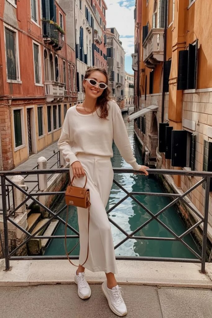 White Long Sleeved Top + White Trousers + White Sneakers