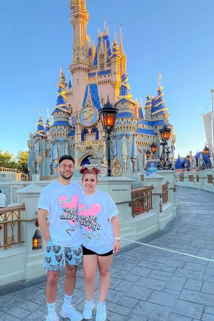 White Magic Kingdom T Shirt + Light Blue Printed Shorts / Black Mini Shorts + White Sneakers