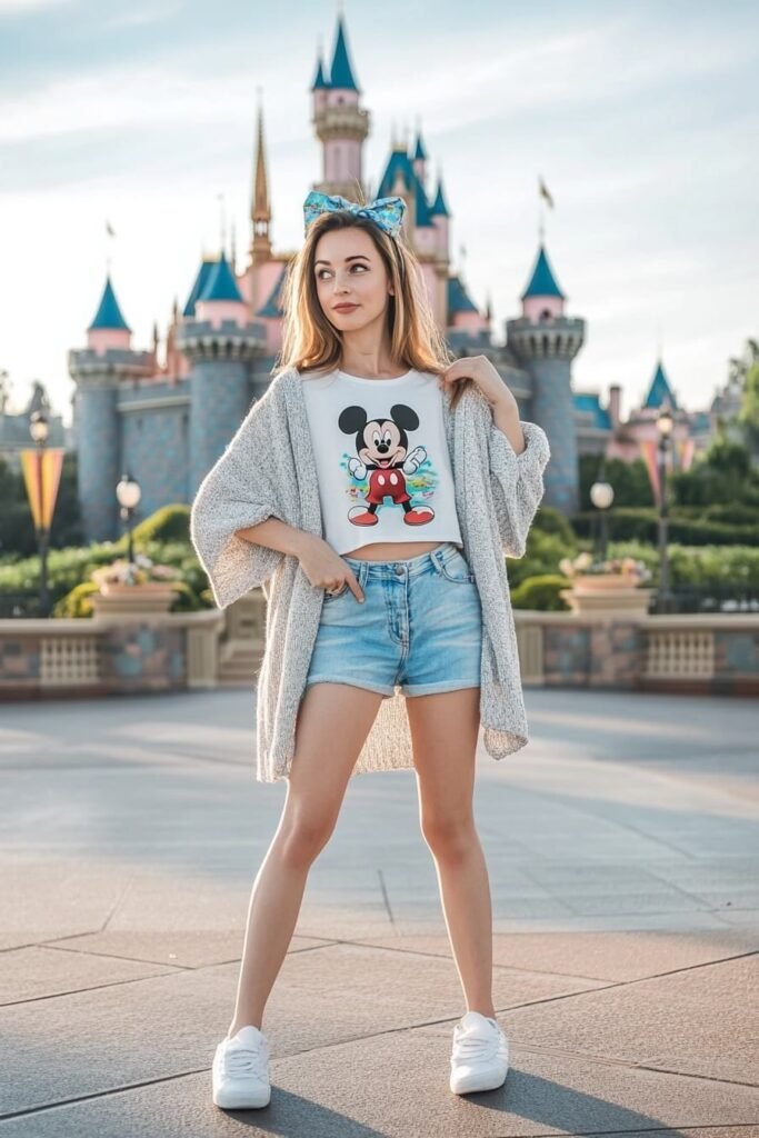 White Mickey Mouse Crop Top + Oversized Textured Grey Cardigan + Light Wash Denim Shorts + White Sneakers