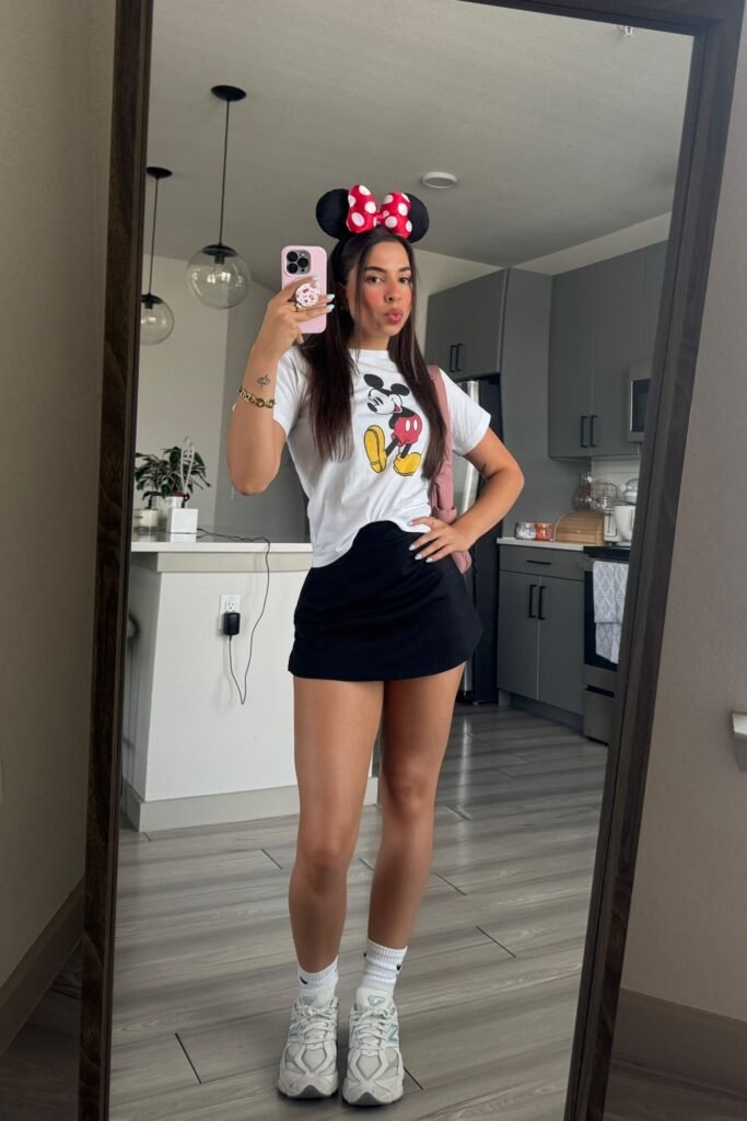 White Mickey Mouse T Shirt + Black Mini Skirt + White Sneakers