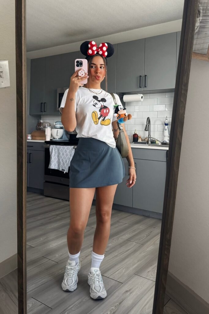 White Mickey Mouse T Shirt + Dark Grey Athletic Skort + White Sneakers