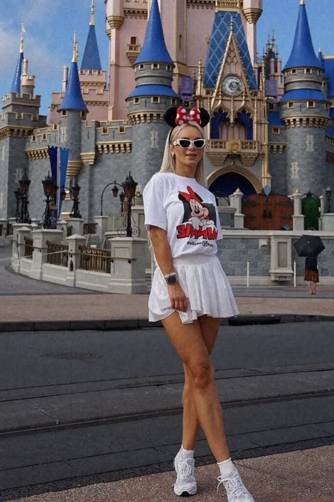 White Minnie Mouse Graphic Tee + White Pleated Mini Skirt + White Sneakers