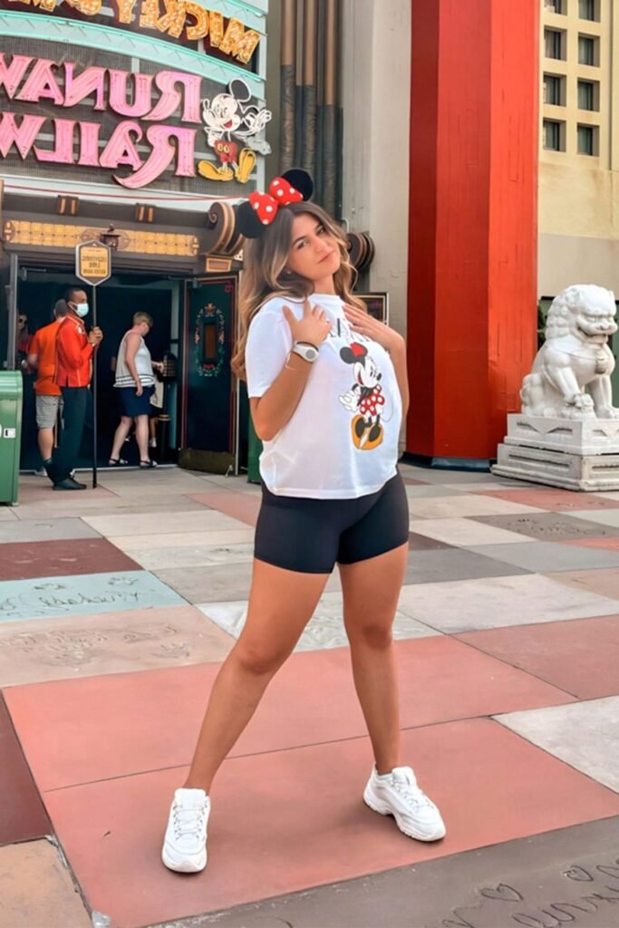 White Minnie Mouse T Shirt + Black Biker Shorts + Chunky White Sneakers