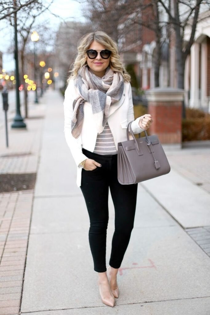 White Moto Jacket + Striped Top + Black Skinny Jeans + Beige Heels