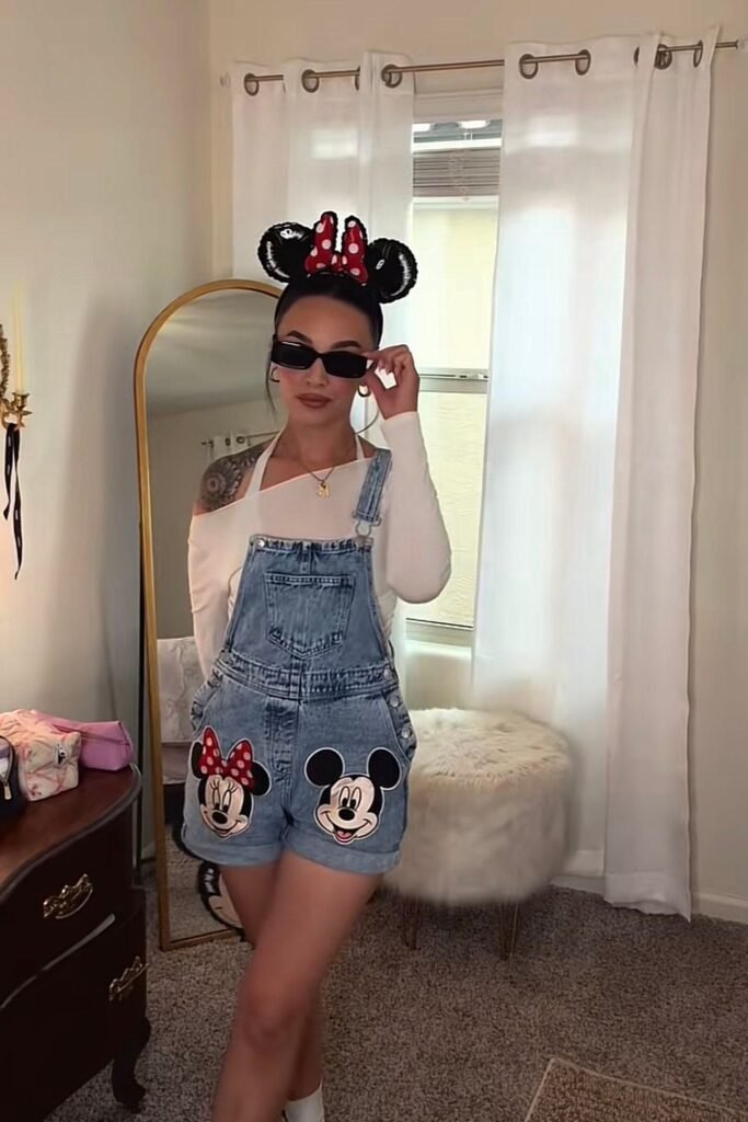 White Off The Shoulder Long Sleeve Top + Mickey and Minnie Denim Overalls + Black Sunglasses