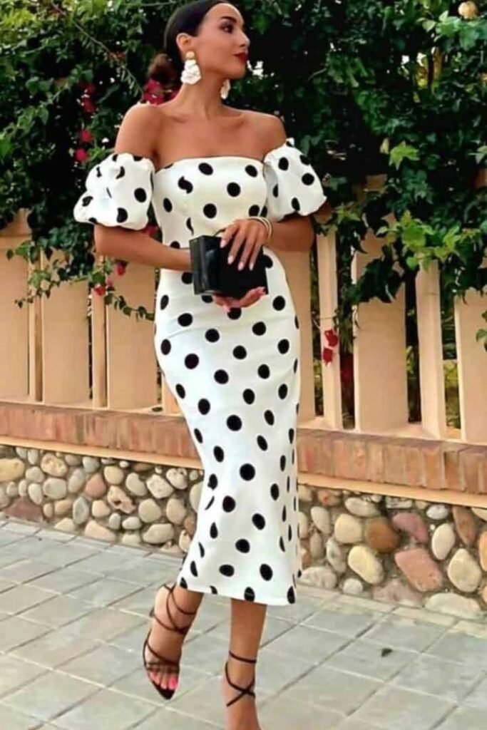 White Off The Shoulder Polka Dot Midi Dress + Black Box Clutch + Black Strappy Heels