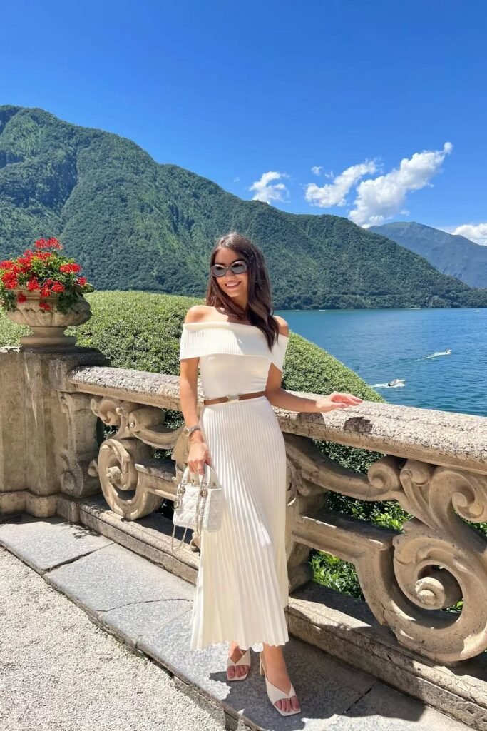 White Off The Shoulder Ribbed Knit Top + White Pleated Midi Skirt + White Square Toe Sandal Heels