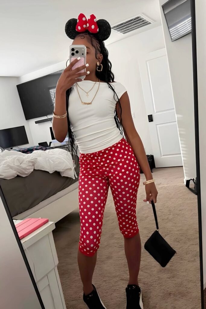 White Off The Shoulder Short Sleeve Top + Red Polka Dot Capris + Black Sneakers + Black Clutch