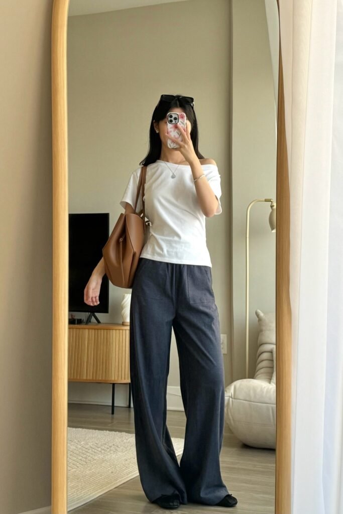 White Off The Shoulder T Shirt + Dark Grey Wide Leg Trousers + Black Shoes