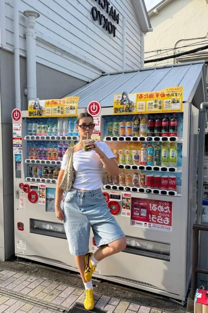 White Off The Shoulder Top + Light Wash Denim Bermuda Shorts + Yellow Sneakers