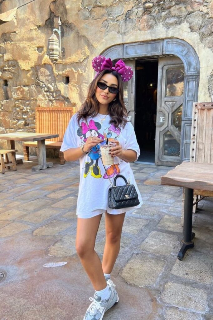 White Oversized Character T Shirt + White Mini Shorts + Grey Athletic Sneakers