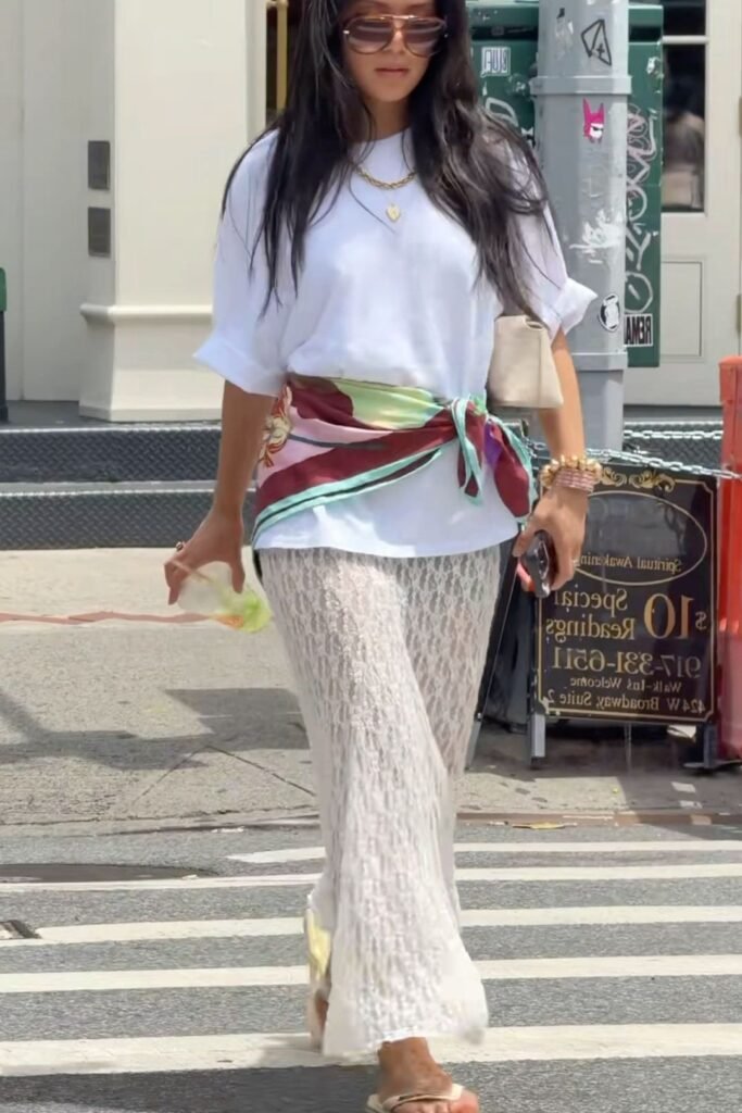 White Oversized T Shirt + Floral Waist Scarf + White Lace Pants + Beige Flip Flops