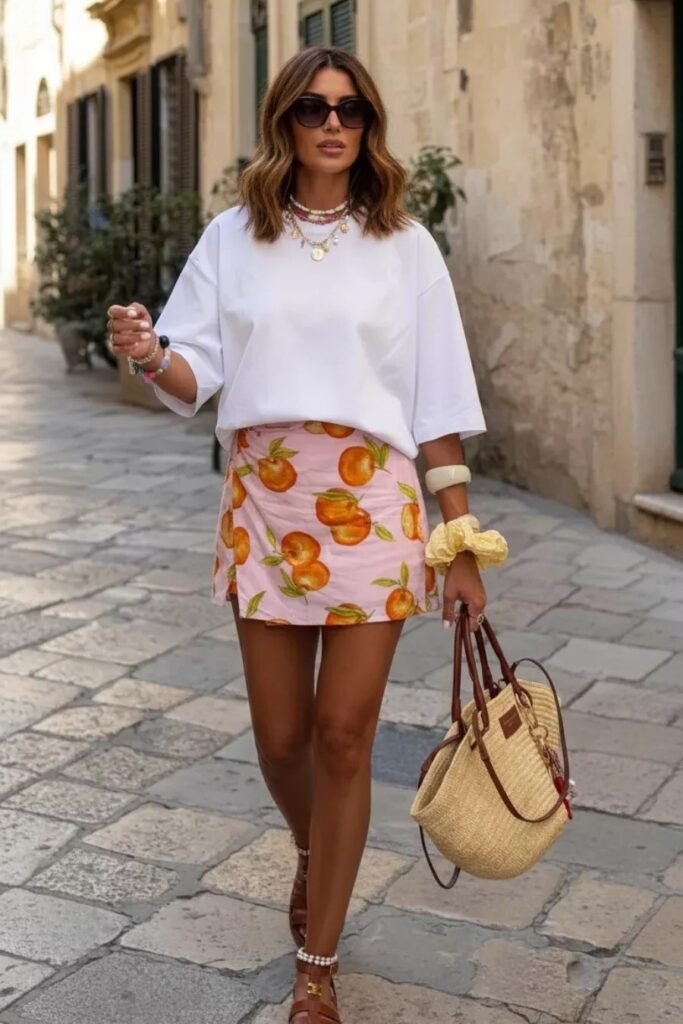 White Oversized T Shirt + Orange Print Mini Skirt + Brown Sandals